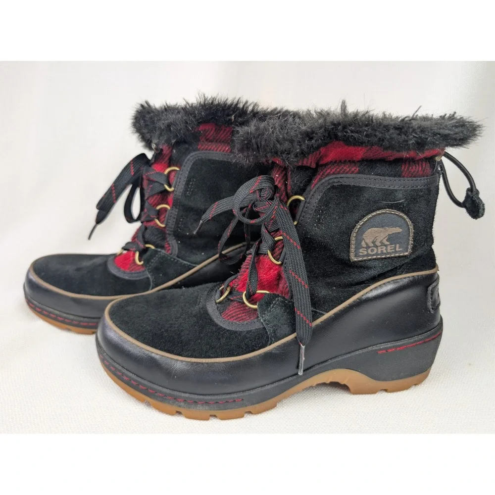 Sorel Tivoli III Waterproof Winter Boots 7.5 Black Red Buffalo Plaid Faux‎ Fur